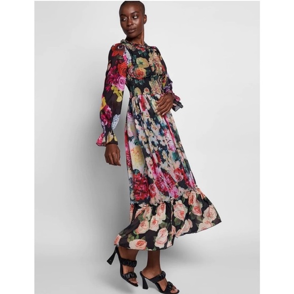 Dalia Macphee Long Sleeve Floral Maxi Dress With Smocked Waist NWT - Picture 1 of 9